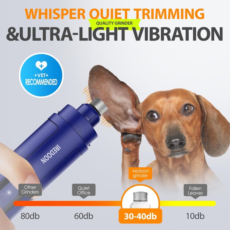 IREDOON Dog Nail Grinder Upgraded - Professional 3-Speed Super Quiet and Low Vibration Electric Pet Nail Grinder with 4 LED Lights - Painless Paws Grooming & Smoothing for Small to Large Dogs (Blue) - Image 2
